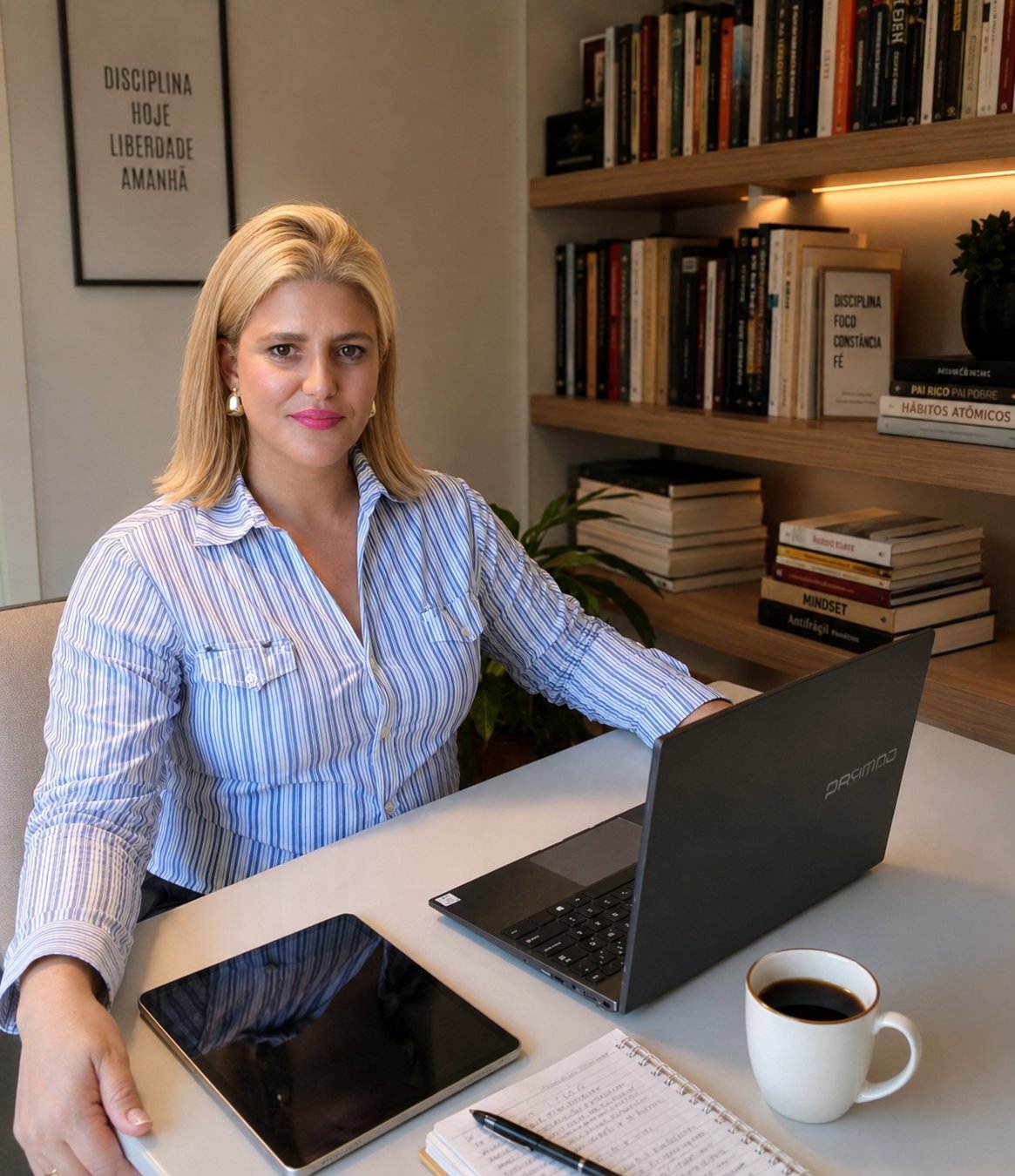 Karen Silva em seu espaço de trabalho, ao computador